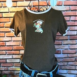 👚 Strawberry Shortcake Ringer Tee - Brown / White Trim - Medium (Juniors Fit)